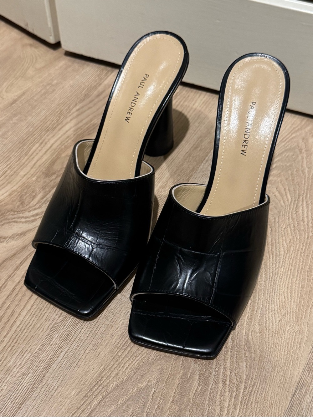 Paul Andrew Black Croc-Embossed Leather Open-Toe Mules